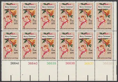 USA Michel 1189 / Scott 1580 postfrisch horiz.PLATEBLOCK(12) ECKRAND unten rechts m/ Platten-# 36636 - Weihnachten
