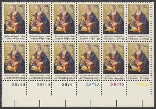 USA Michel 1190 / Scott 1579 postfrisch horiz.PLATEBLOCK(12) ECKRAND unten rechts m/ Platten-# 36741 - Weihnachten; Madonna mit Kind