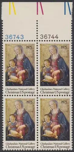 USA Michel 1190 / Scott 1579 postfrisch BLOCK RAND oben m/ Platten-# 36743 - Weihnachten; Madonna mit Kind