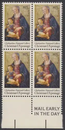 USA Michel 1190 / Scott 1579 postfrisch BLOCK RAND unten m/ Mail Early-Vermerk - Weihnachten; Madonna mit Kind
