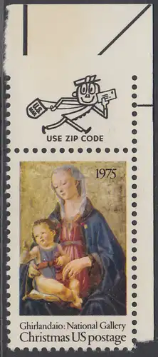 USA Michel 1190 / Scott 1579 postfrisch EINZELMARKE ECKRAND oben rechts m/ ZIP-Emblem - Weihnachten; Madonna mit Kind