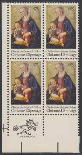 USA Michel 1190 / Scott 1579 postfrisch ZIP-BLOCK (ll) - Weihnachten; Madonna mit Kind