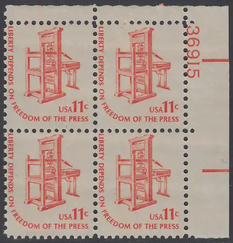 USA Michel 1192 / Scott 1593 postfrisch PLATEBLOCK ECKRAND oben rechts m/ Platten-# 36915 - Americana-Ausgabe: Druckpresse