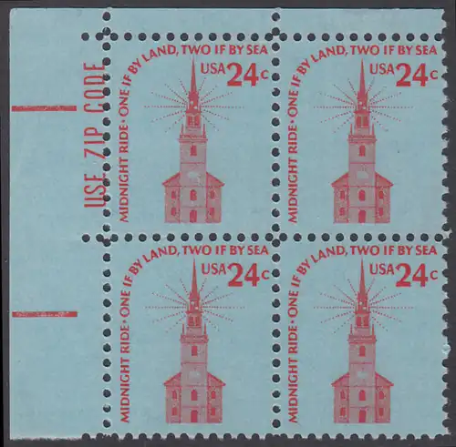 USA Michel 1193 / Scott 1603 postfrisch ZIP-BLOCK (ul) - Americana-Ausgabe: Alte Nordkirche, Boston