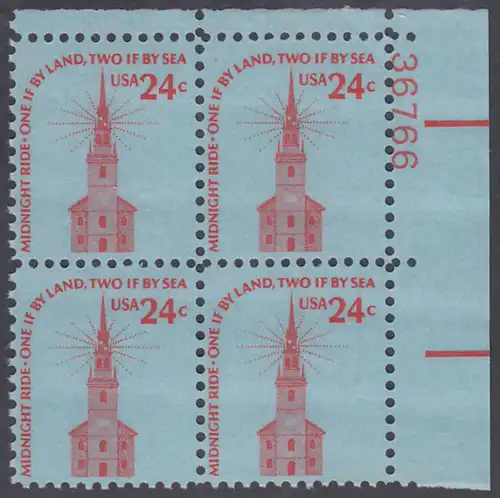USA Michel 1193 / Scott 1603 postfrisch PLATEBLOCK ECKRAND oben rechts m/ Platten-# 36766 - Americana-Ausgabe: Alte Nordkirche, Boston