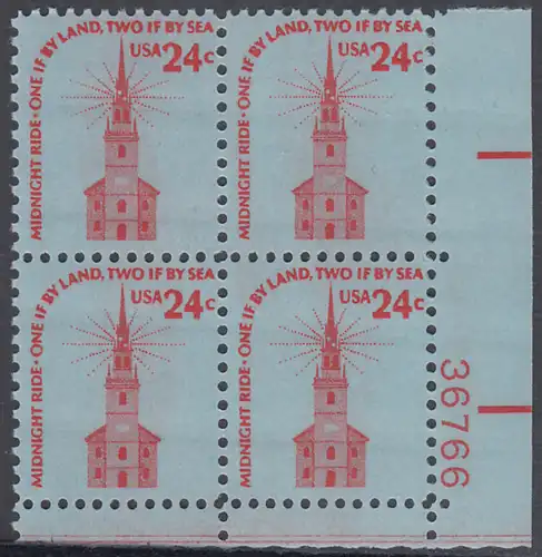 USA Michel 1193 / Scott 1603 postfrisch PLATEBLOCK ECKRAND unten rechts m/ Platten-# 36766 - Americana-Ausgabe: Alte Nordkirche, Boston