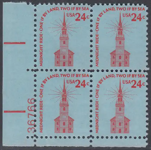 USA Michel 1193 / Scott 1603 postfrisch PLATEBLOCK ECKRAND unten links m/ Platten-# 36766 - Americana-Ausgabe: Alte Nordkirche, Boston