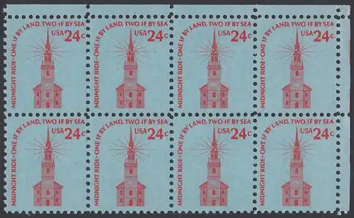 USA Michel 1193 / Scott 1603 postfrisch horiz.BLOCK(8) ECKRAND oben rechts - Americana-Ausgabe: Alte Nordkirche, Boston