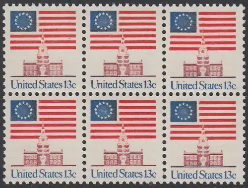 USA Michel 1194 / Scott 1622 postfrisch horiz.BLOCK(6) - Altes Sternenbanner und Unabhängigkeitshalle, Philadelphia