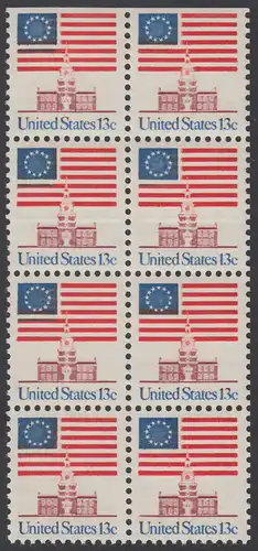 USA Michel 1194 / Scott 1622 postfrisch vert.BLOCK(8 / oben ungezähnt) - Altes Sternenbanner und Unabhängigkeitshalle, Philadelphia