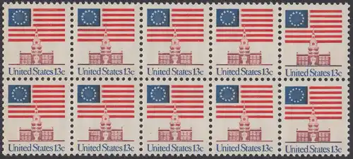 USA Michel 1194 / Scott 1622 postfrisch horiz.BLOCK(10) - Altes Sternenbanner und Unabhängigkeitshalle, Philadelphia