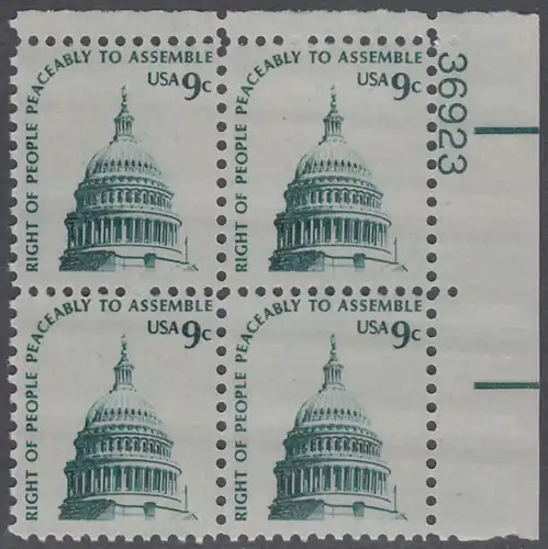 USA Michel 1195 / Scott 1591 postfrisch PLATEBLOCK ECKRAND oben rechts m/ Platten-# 36923 - Americana-Ausgabe: Kuppel des Kongressgebäudes in Washington, DC