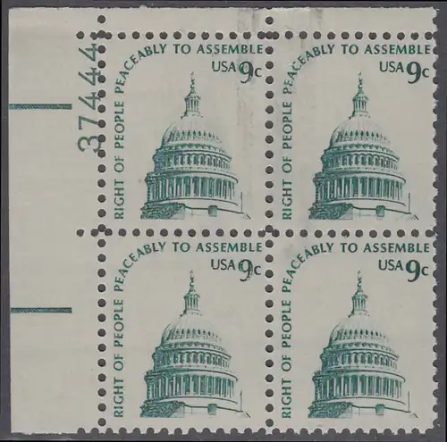 USA Michel 1195 / Scott 1591 postfrisch PLATEBLOCK ECKRAND oben links m/ Platten-# 37444 - Americana-Ausgabe: Kuppel des Kongressgebäudes in Washington, DC