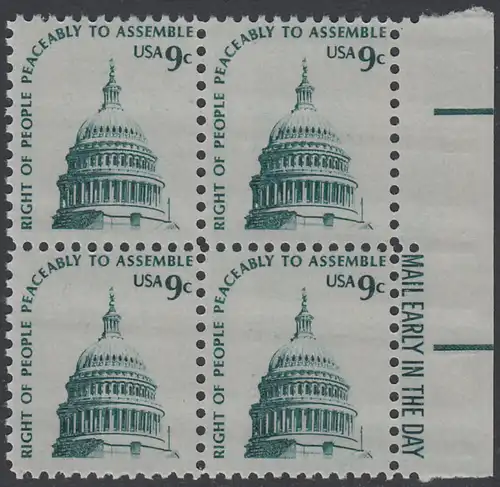 USA Michel 1195 / Scott 1591 postfrisch BLOCK RÄNDER rechts m/ Mail Early-Vermerk - Americana-Ausgabe: Kuppel des Kongressgebäudes in Washington, DC