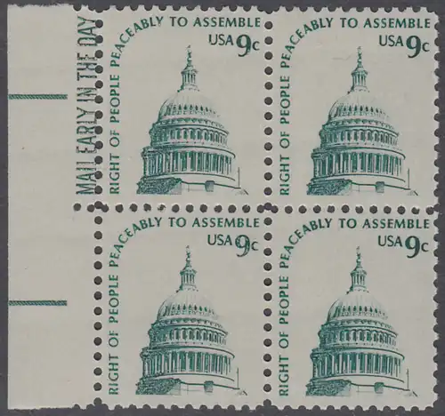 USA Michel 1195 / Scott 1591 postfrisch BLOCK RÄNDER links m/ Mail Early-Vermerk - Americana-Ausgabe: Kuppel des Kongressgebäudes in Washington, DC