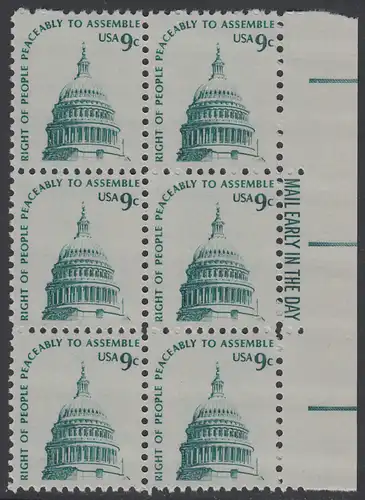 USA Michel 1195 / Scott 1591 postfrisch vert.BLOCK(6)  RÄNDER rechts m/ Mail Early-Vermerk - Americana-Ausgabe: Kuppel des Kongressgebäudes in Washington, DC