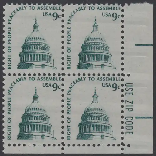 USA Michel 1195 / Scott 1591 postfrisch ZIP-BLOCK (lr) - Americana-Ausgabe: Kuppel des Kongressgebäudes in Washington, DC