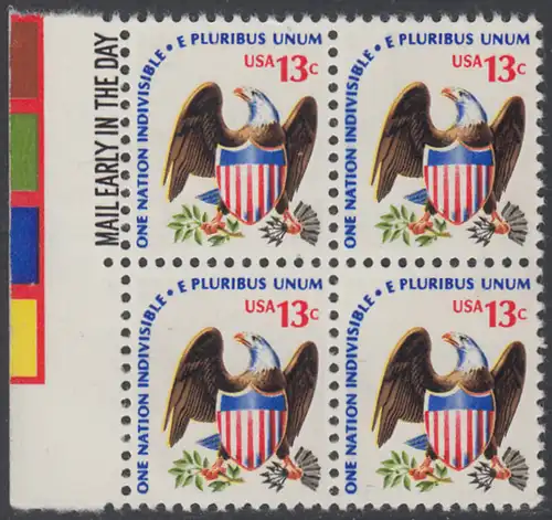 USA Michel 1196 / Scott 1596 postfrisch BLOCK RÄNDER links m/ Mail Early-Vermerk - Americana-Ausgabe: Adler mit Wappenschild