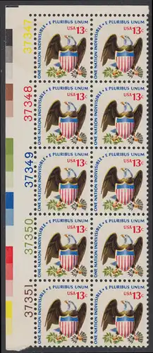 USA Michel 1196 / Scott 1596 postfrisch vert.BLOCK(10) ECKRAND oben links m/ Platten-# 37347 - Americana-Ausgabe: Adler mit Wappenschild