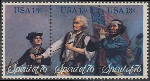 USA Michel 1197-1199 / Scott 1629-1631 postfrisch BLOCK(3) - Unabhängigkeit der Vereinigten Staaten von Amerika: Erinnerung an 1776, Pfeifer- und Trommler der Revolutionskriege