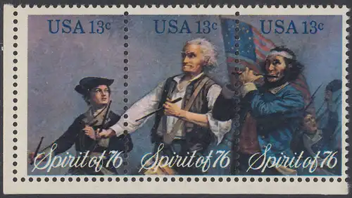 USA Michel 1197-1199 / Scott 1629-1631 postfrisch BLOCK(3) ECKRAND unten links - Unabhängigkeit der Vereinigten Staaten von Amerika: Erinnerung an 1776, Pfeifer- und Trommler der Revolutionskriege