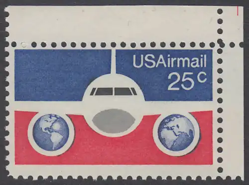 USA Michel 1200 / Scott C089 postfrisch Luftpost-EINZELMARKE ECKRAND oben rechts - Flugzeug mit Erdhalbkugeln