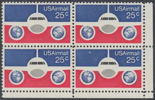 USA Michel 1200 / Scott C089 postfrisch Luftpost-BLOCK ECKRAND unten rechts - Flugzeug mit Erdhalbkugeln