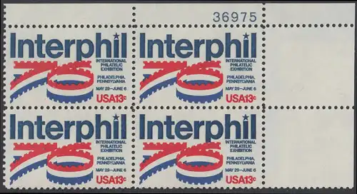 USA Michel 1202 / Scott 1632 postfrisch PLATEBLOCK ECKRAND oben rechts m/ Platten-# 36975 - Internationale Briefmarkenausstellung „Interphil“, Philadelphia
