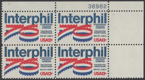 USA Michel 1202 / Scott 1632 postfrisch PLATEBLOCK ECKRAND oben rechts m/ Platten-# 36982 - Internationale Briefmarkenausstellung „Interphil“, Philadelphia