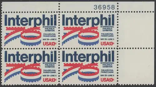 USA Michel 1202 / Scott 1632 postfrisch PLATEBLOCK ECKRAND oben rechts m/ Platten-# 36958 - Internationale Briefmarkenausstellung „Interphil“, Philadelphia