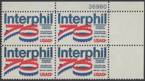 USA Michel 1202 / Scott 1632 postfrisch PLATEBLOCK ECKRAND oben rechts m/ Platten-# 36980 - Internationale Briefmarkenausstellung „Interphil“, Philadelphia