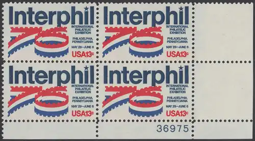 USA Michel 1202 / Scott 1632 postfrisch PLATEBLOCK ECKRAND unten rechts m/ Platten-# 36975 - Internationale Briefmarkenausstellung „Interphil“, Philadelphia