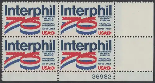 USA Michel 1202 / Scott 1632 postfrisch PLATEBLOCK ECKRAND unten rechts m/ Platten-# 36982 - Internationale Briefmarkenausstellung „Interphil“, Philadelphia