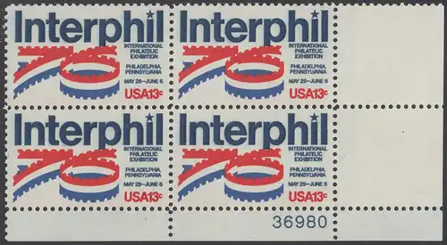 USA Michel 1202 / Scott 1632 postfrisch PLATEBLOCK ECKRAND unten rechts m/ Platten-# 36980 - Internationale Briefmarkenausstellung „Interphil“, Philadelphia