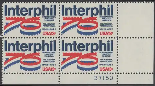 USA Michel 1202 / Scott 1632 postfrisch PLATEBLOCK ECKRAND unten rechts m/ Platten-# 37150 - Internationale Briefmarkenausstellung „Interphil“, Philadelphia