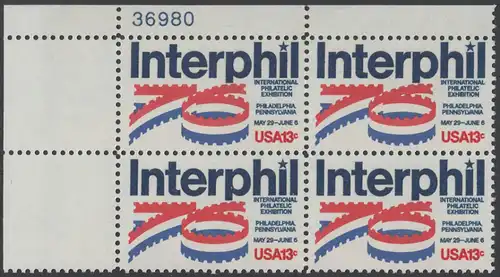 USA Michel 1202 / Scott 1632 postfrisch PLATEBLOCK ECKRAND oben links m/ Platten-# 37980 - Internationale Briefmarkenausstellung „Interphil“, Philadelphia