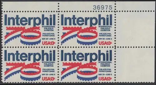 USA Michel 1202 / Scott 1632 postfrisch PLATEBLOCK ECKRAND oben links m/ Platten-# 37975 - Internationale Briefmarkenausstellung „Interphil“, Philadelphia