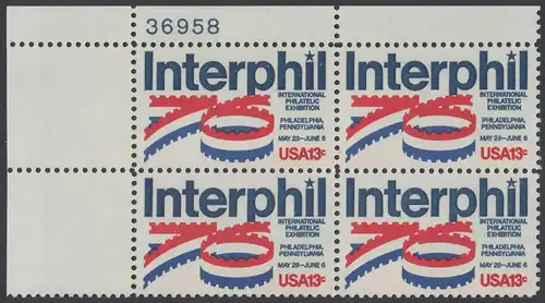 USA Michel 1202 / Scott 1632 postfrisch PLATEBLOCK ECKRAND oben links m/ Platten-# 37958 - Internationale Briefmarkenausstellung „Interphil“, Philadelphia