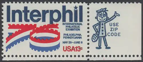 USA Michel 1202 / Scott 1632 postfrisch EINZELMARKE ECKRAND unten rechts m/ ZIP-Emblem - Internationale Briefmarkenausstellung „Interphil“, Philadelphia