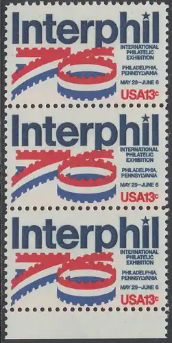 USA Michel 1202 / Scott 1632 postfrisch vert.STRIP(3) RAND unten - Internationale Briefmarkenausstellung „Interphil“, Philadelphia