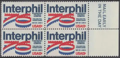 USA Michel 1202 / Scott 1632 postfrisch BLOCK RÄNDER rechts m/ Mail Early.Vermerk - Internationale Briefmarkenausstellung „Interphil“, Philadelphia