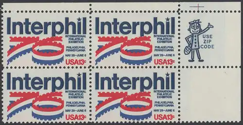 USA Michel 1202 / Scott 1632 postfrisch ZIP-BLOCK (ur) - Internationale Briefmarkenausstellung „Interphil“, Philadelphia