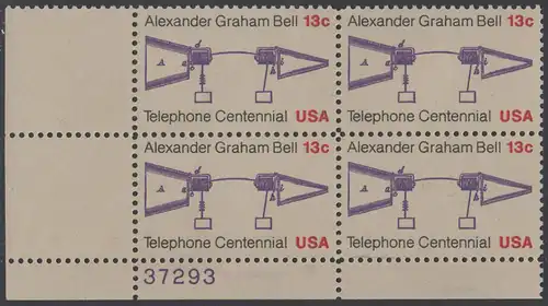 USA Michel 1253 / Scott 1683 postfrisch PLATEBLOCK ECKRAND unten links m/ Platten-# 37293 - 100 Jahre Telefon, Schemazeichnung des Telefons von Alexander Graham Bell