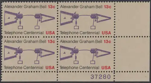 USA Michel 1253 / Scott 1683 postfrisch PLATEBLOCK ECKRAND unten rechts m/ Platten-# 37280 - 100 Jahre Telefon, Schemazeichnung des Telefons von Alexander Graham Bell