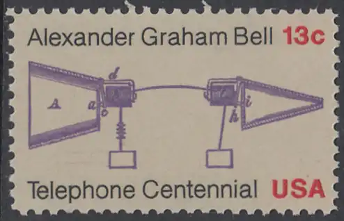 USA Michel 1253 / Scott 1683 postfrisch EINZELMARKE - 100 Jahre Telefon, Schemazeichnung des Telefons von Alexander Graham Bell