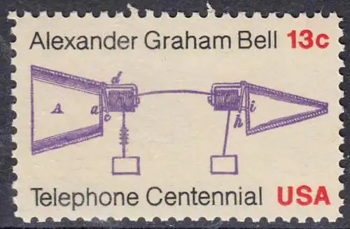 USA Michel 1253 / Scott 1683 postfrisch EINZELMARKE (a1) - 100 Jahre Telefon, Schemazeichnung des Telefons von Alexander Graham Bell