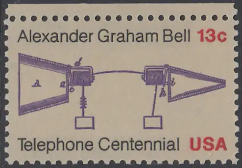 USA Michel 1253 / Scott 1683 postfrisch EINZELMARKE RAND oben - 100 Jahre Telefon, Schemazeichnung des Telefons von Alexander Graham Bell