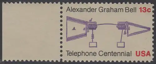 USA Michel 1253 / Scott 1683 postfrisch EINZELMARKE RAND links (a1) - 100 Jahre Telefon, Schemazeichnung des Telefons von Alexander Graham Bell