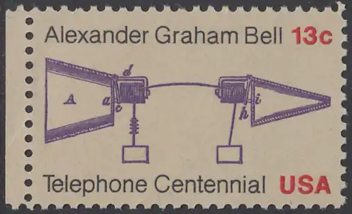 USA Michel 1253 / Scott 1683 postfrisch EINZELMARKE RAND links (a2) - 100 Jahre Telefon, Schemazeichnung des Telefons von Alexander Graham Bell
