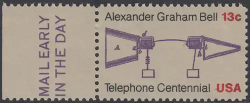 USA Michel 1253 / Scott 1683 postfrisch EINZELMARKE RAND links m/ Mail Early Vermerk - 100 Jahre Telefon, Schemazeichnung des Telefons von Alexander Graham Bell
